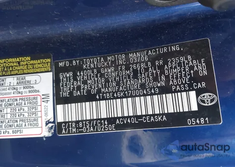 2007 Toyota Camry Se from USA, damaged, VIN 4T1BE46K17U004549